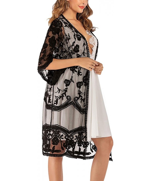 Women's Flowy Bathing Suit Kimono Cardigan Lace Crochet Swimwear Floral Cover Ups - E1-black - CE18SQ0NC5M $24.27-Cover-Ups