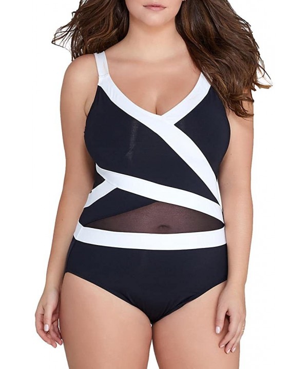 Women's Plus-Size Mesh Over The Shoulder One Piece Swimsuit - Black Wh - C212MYMZVE1 $43.99-One-Pieces