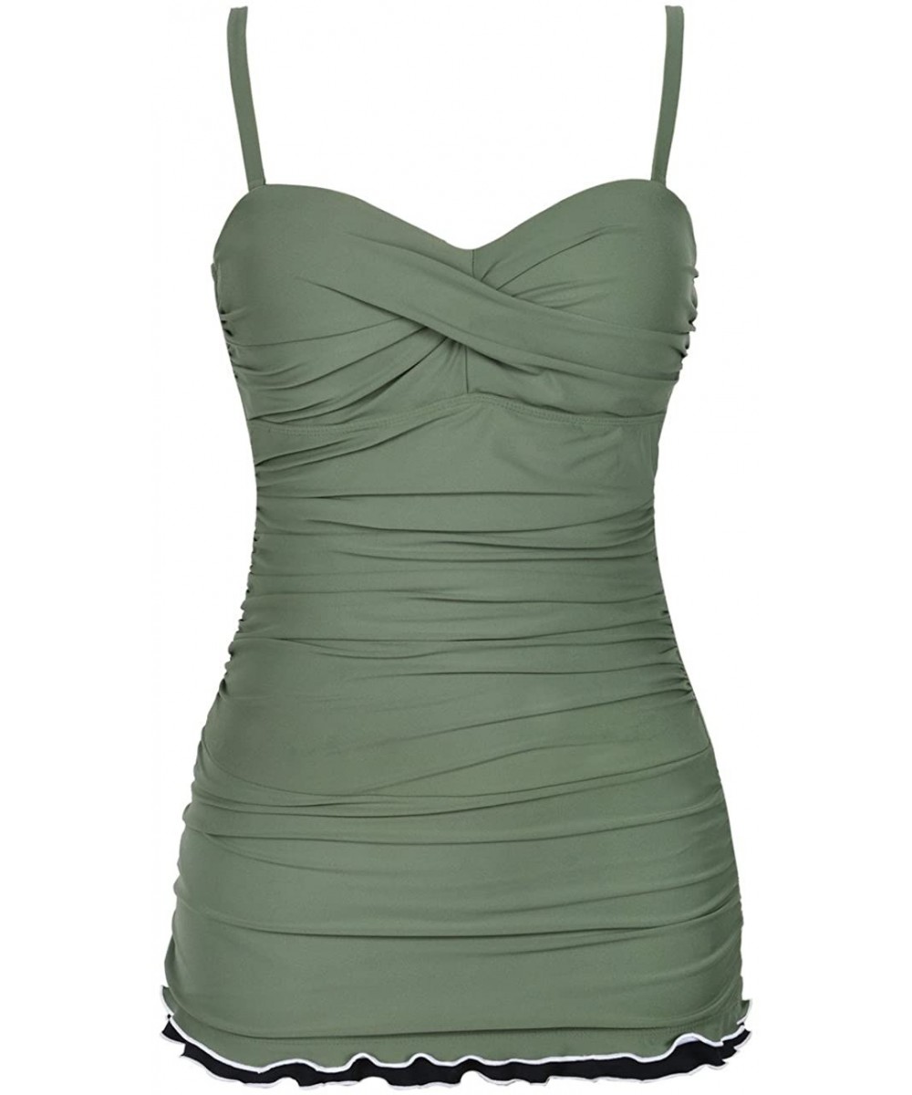 Women's One Piece Swimsuits Tummy Control Swimwear Ruffle Swimdress with Built in Swim Brief - Army Green - CQ18DUHY4SK $32.0...