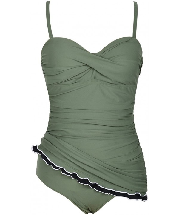 Women's One Piece Swimsuits Tummy Control Swimwear Ruffle Swimdress with Built in Swim Brief - Army Green - CQ18DUHY4SK $32.0...