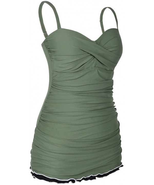 Women's One Piece Swimsuits Tummy Control Swimwear Ruffle Swimdress with Built in Swim Brief - Army Green - CQ18DUHY4SK $32.0...