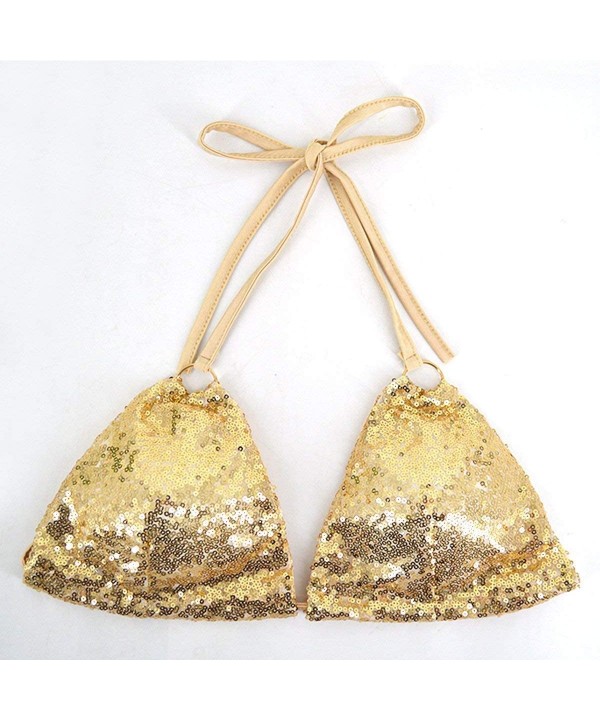 Women's Triangle Bikini Set Sequin Sexy 2 Piece String Golden Ring Glitter Beachwear - Gold - CE17Z55XRZR $20.10-Sets