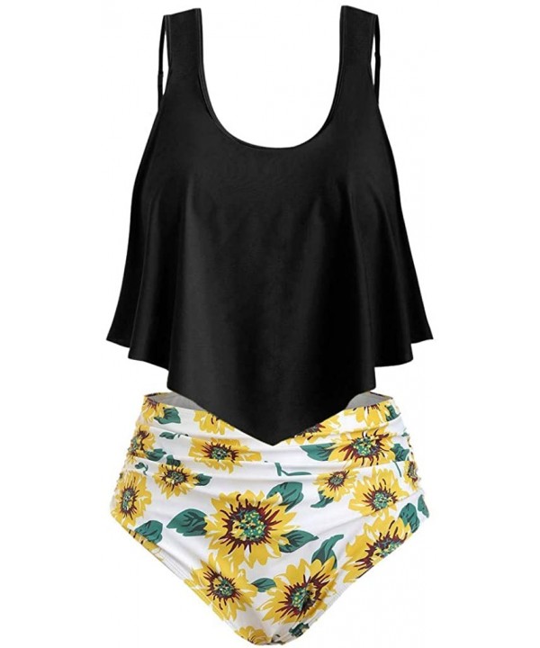 Women Ruffled High Waisted Tankini Set Solid Strap Tank Tops Swimwear Sunflower Buttom 2PC Bathing Suit 7 black - C218S7ZAOWA...