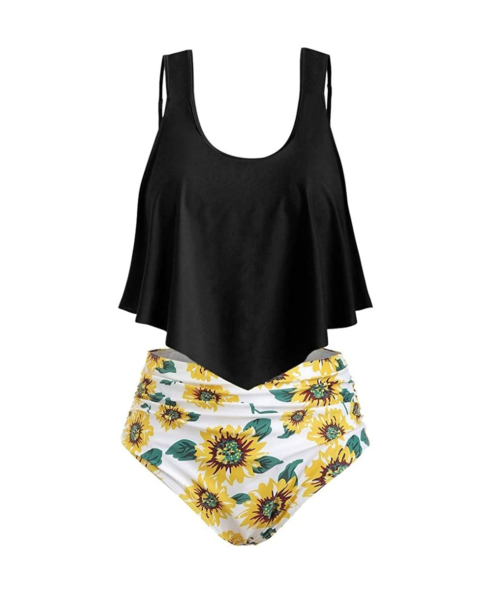 Women Ruffled High Waisted Tankini Set Solid Strap Tank Tops Swimwear Sunflower Buttom 2PC Bathing Suit 7 black - C218S7ZAOWA...