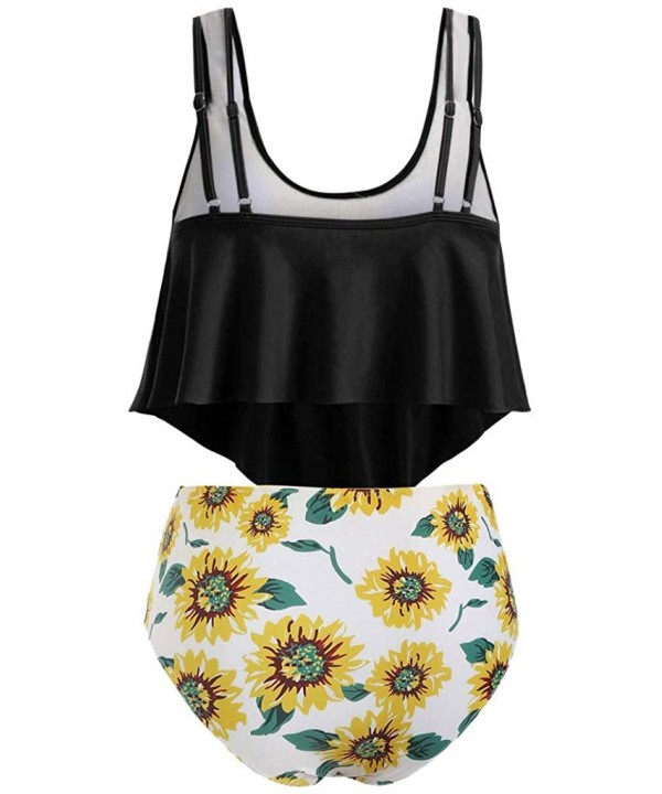 Women Ruffled High Waisted Tankini Set Solid Strap Tank Tops Swimwear Sunflower Buttom 2PC Bathing Suit 7 black - C218S7ZAOWA...