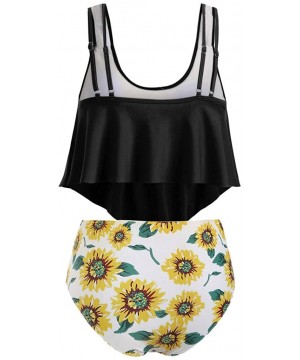 Women Ruffled High Waisted Tankini Set Solid Strap Tank Tops Swimwear Sunflower Buttom 2PC Bathing Suit 7 black - C218S7ZAOWA...