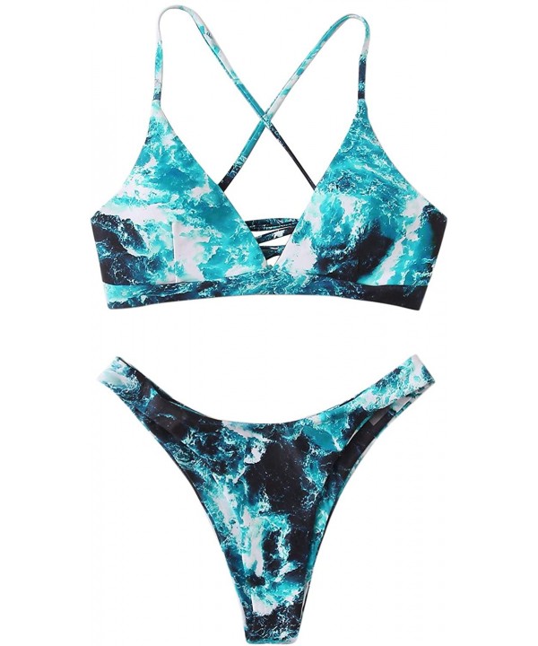 Women's Sexy Bathing Suit Floral Print Cross Back Bikini Set Swimsuits - Blue-9 - CI18AOXH8A6 $17.26-Sets