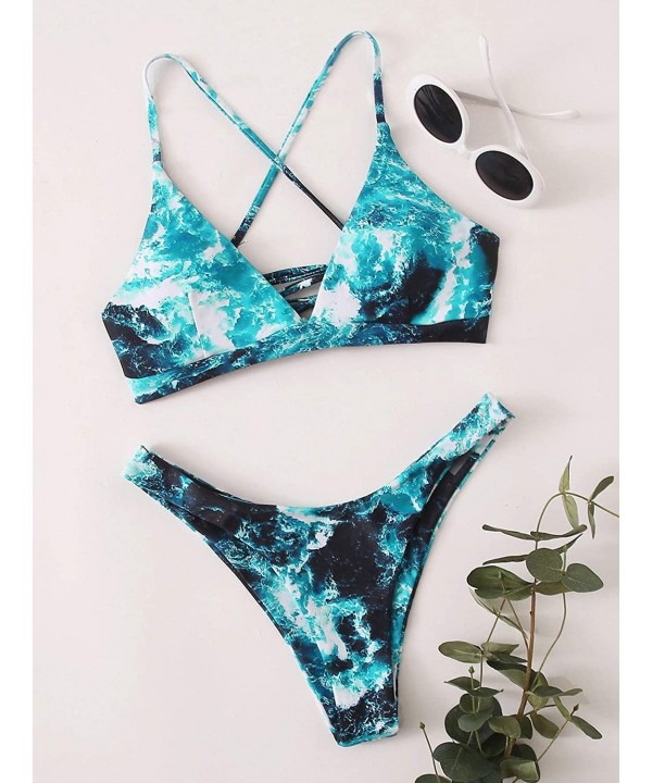 Women's Sexy Bathing Suit Floral Print Cross Back Bikini Set Swimsuits - Blue-9 - CI18AOXH8A6 $17.26-Sets