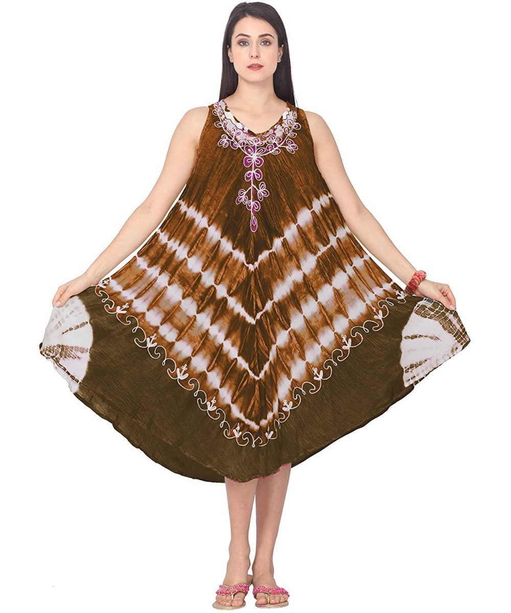 Women Umbrella Dress Ladies Summer Tie & Dye Embroidery Sun Dress Midi Dress Top - Chocolate - C318I8TXQZL $19.98-Cover-Ups