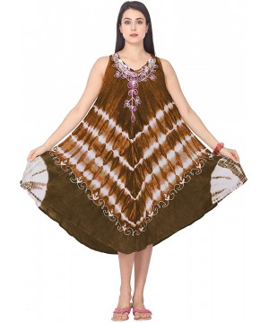 Women Umbrella Dress Ladies Summer Tie & Dye Embroidery Sun Dress Midi Dress Top - Chocolate - C318I8TXQZL $19.98-Cover-Ups