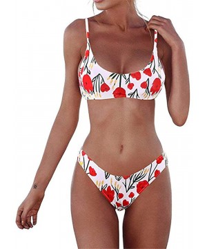 Women Two Piece Swimsuit Sport Bikini Scoop Neck Halter Bandeau Top High Cut Cheeky Thong Bathing Suit Swimwear - Red Leopard...