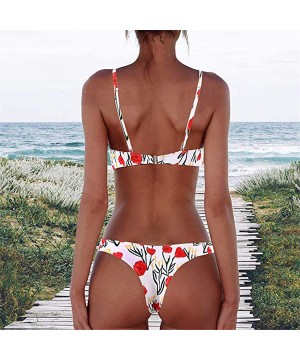 Women Two Piece Swimsuit Sport Bikini Scoop Neck Halter Bandeau Top High Cut Cheeky Thong Bathing Suit Swimwear - Red Leopard...