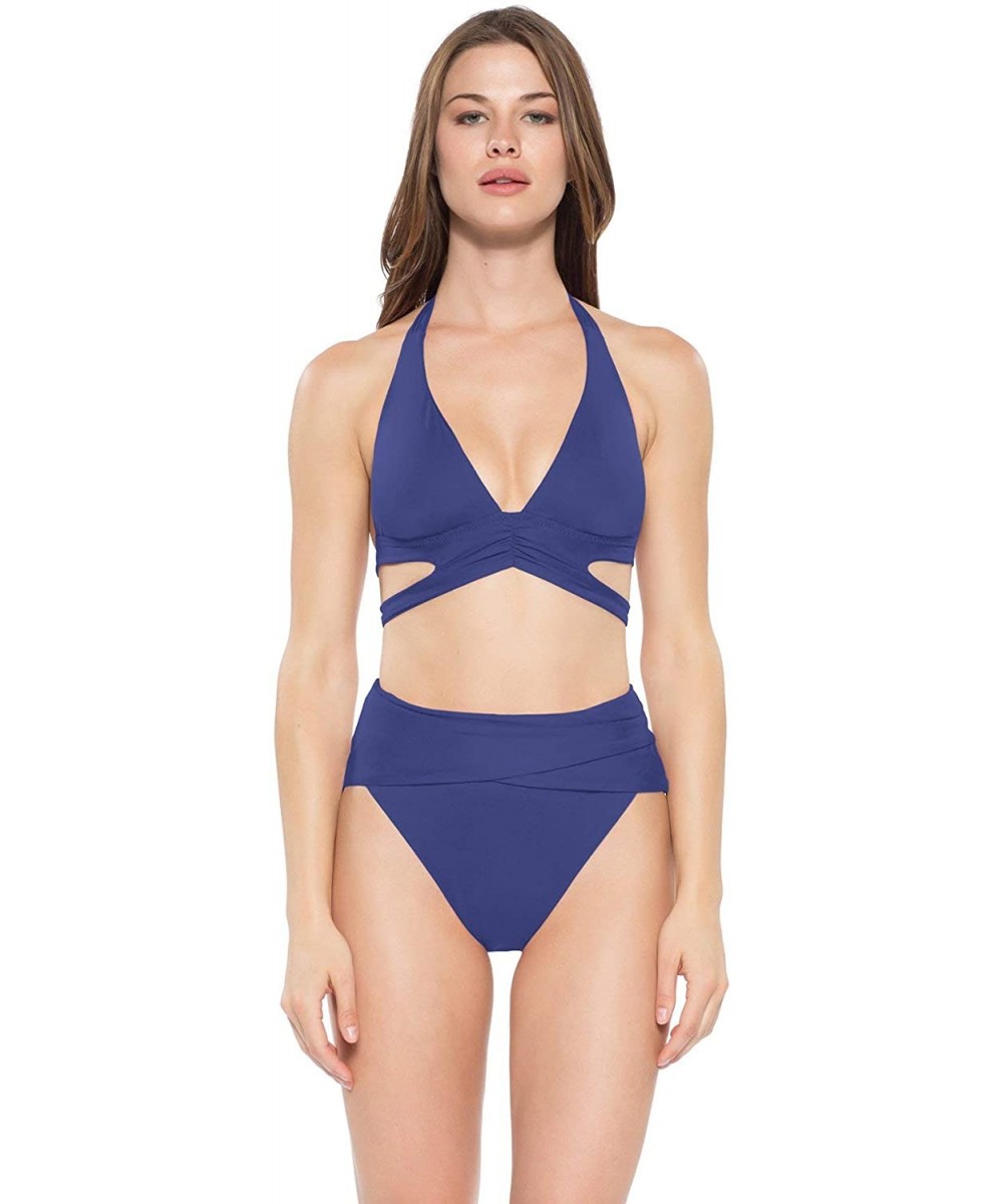 Women's Color Code Banded Halter Bikini Top - Blue Topaz - CO18HKMDM3N $19.63-Tops