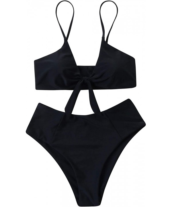 Women Cheeky High Waisted Bottom Crop Top Tie Knot 2 Piece Swimsuits Bikini Set - Black - C118QURM5D8 $31.07-Sets