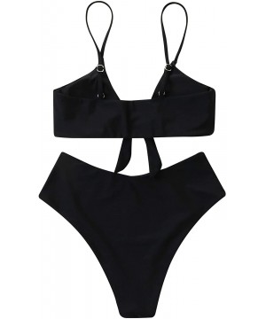 Women Cheeky High Waisted Bottom Crop Top Tie Knot 2 Piece Swimsuits Bikini Set - Black - C118QURM5D8 $31.07-Sets