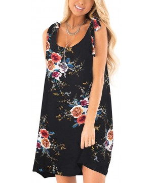 Women Dresses Sleeveless Shoulder Bandage Loose Casual Dress Cover Up Summer Swing T-Shirt Short Dress - Black Floral-8613 - ...