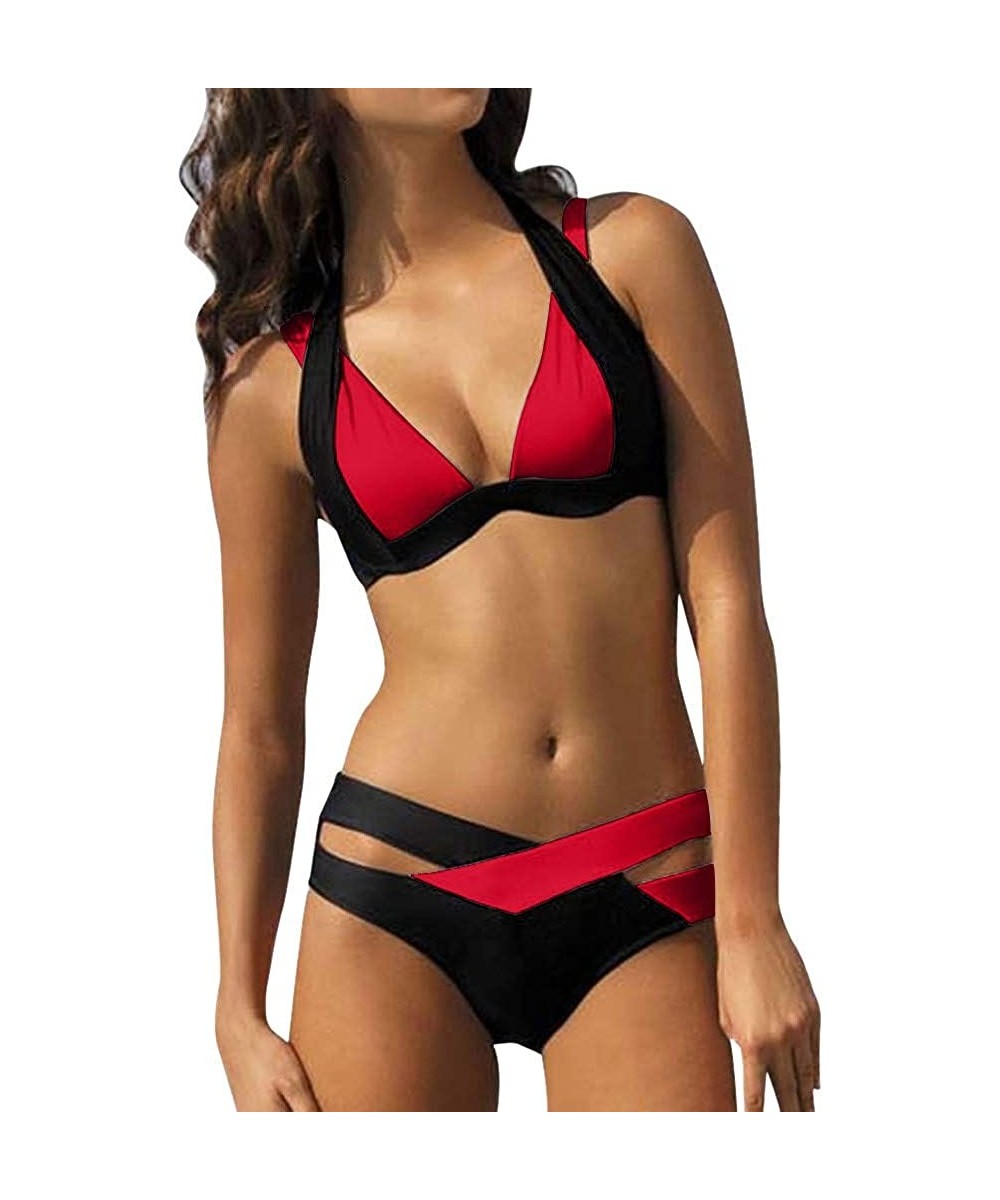 Sexy Criss Cross Printing Halter Bandage Bikini Set Hawaii Bathing Suit Two Piece Swimsuits - Red - CB194CW646G $13.78-Sets