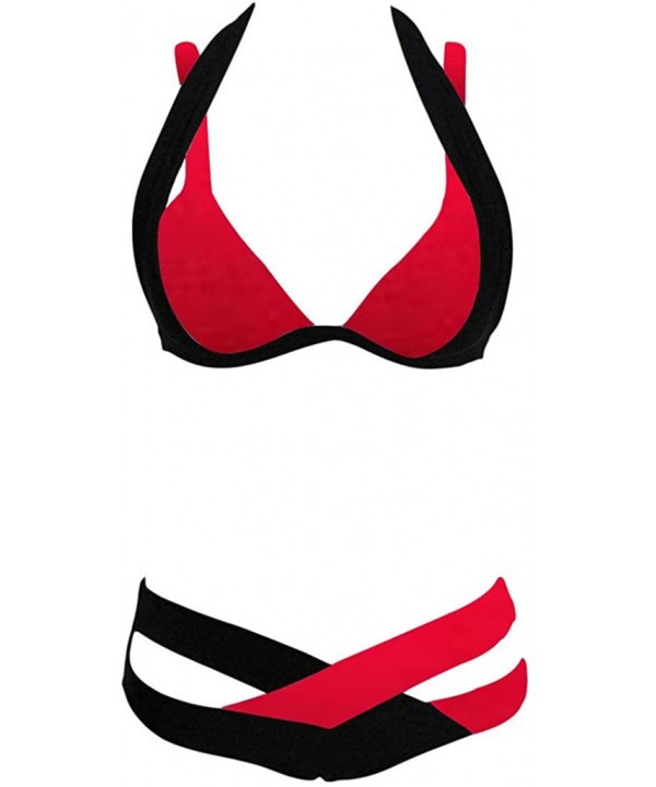 Sexy Criss Cross Printing Halter Bandage Bikini Set Hawaii Bathing Suit Two Piece Swimsuits - Red - CB194CW646G $13.78-Sets