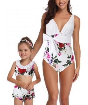 Mommy and Daughter One Piece Swimwear Family Matching Doubled Ruffles Backless Halter High Waist Swimsuit - White - C318Q3DN7...