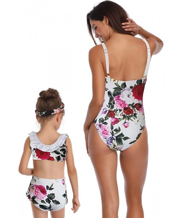 Mommy and Daughter One Piece Swimwear Family Matching Doubled Ruffles Backless Halter High Waist Swimsuit - White - C318Q3DN7...