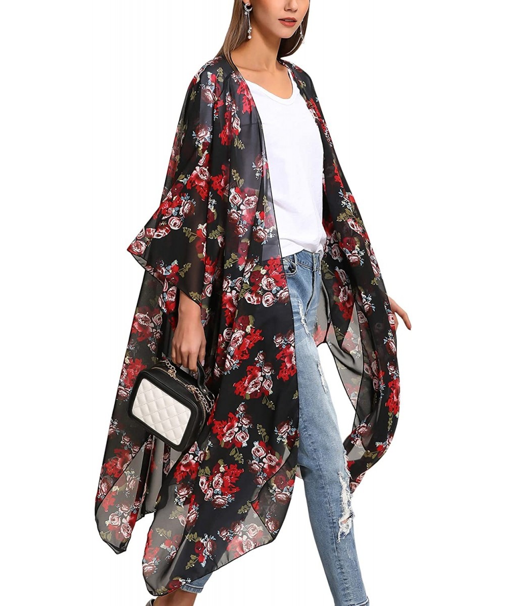 Women's Floral Print Kimonos Loose Half Sleeve Shawl Chiffon Cardigan Blouses Casual Beach Cover Ups - Black1 - CH18T523748 $...