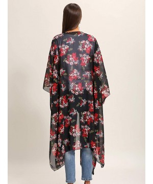 Women's Floral Print Kimonos Loose Half Sleeve Shawl Chiffon Cardigan Blouses Casual Beach Cover Ups - Black1 - CH18T523748 $...