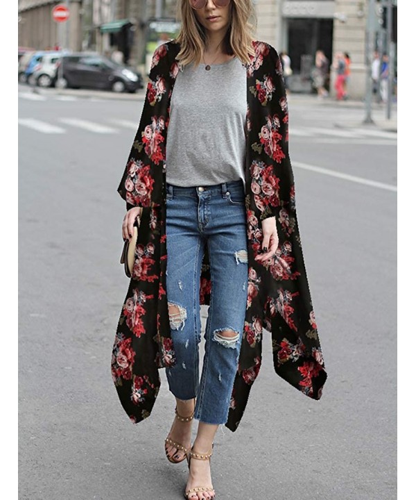 Women's Floral Print Kimonos Loose Half Sleeve Shawl Chiffon Cardigan Blouses Casual Beach Cover Ups - Black1 - CH18T523748 $...