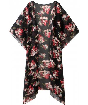 Women's Floral Print Kimonos Loose Half Sleeve Shawl Chiffon Cardigan Blouses Casual Beach Cover Ups - Black1 - CH18T523748 $...