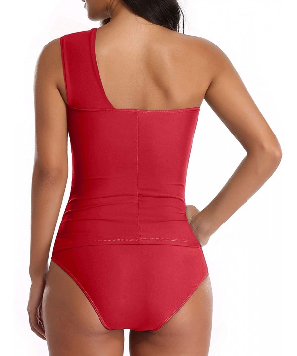 Women Tankini Ruched One Shoulder Tummy Control Top High Neck Swimsuits - Red - CH18RK9CH2G $26.14-One-Pieces