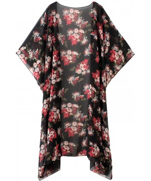 Women's Floral Print Kimonos Loose Half Sleeve Shawl Chiffon Cardigan Blouses Casual Beach Cover Ups - Black1 - CH18T523748 $...