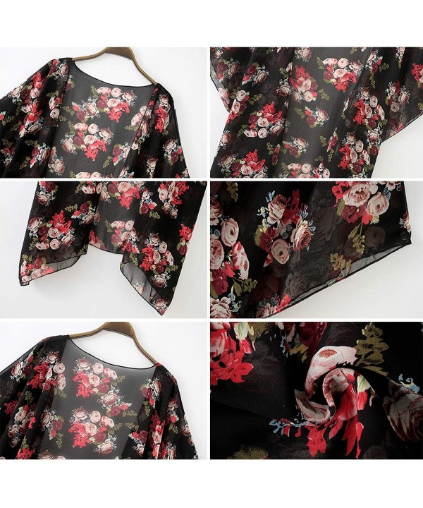 Women's Floral Print Kimonos Loose Half Sleeve Shawl Chiffon Cardigan Blouses Casual Beach Cover Ups - Black1 - CH18T523748 $...