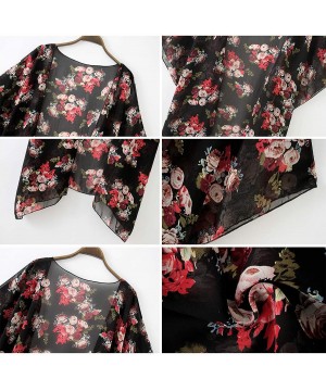 Women's Floral Print Kimonos Loose Half Sleeve Shawl Chiffon Cardigan Blouses Casual Beach Cover Ups - Black1 - CH18T523748 $...