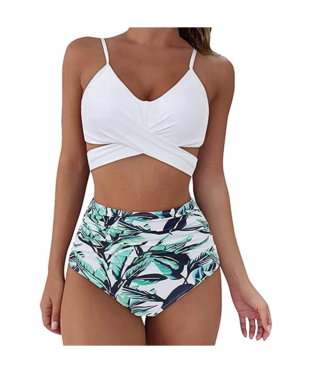 Women Criss Cross Bandage Bikini Set Swimsuits High Waisted Floral Printing Swim Bottoms Two Piece Bathing Suits White - CG19...