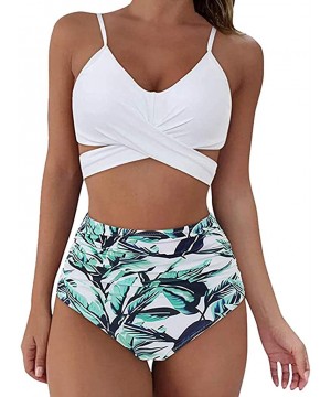 Women Criss Cross Bandage Bikini Set Swimsuits High Waisted Floral Printing Swim Bottoms Two Piece Bathing Suits White - CG19...