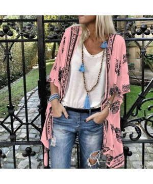 Shawl Blouse- Floral Print Sheer Sun Protection Boho Top Cardigan Cover Ups - Pink - C818T0SKYGL $14.35-Cover-Ups