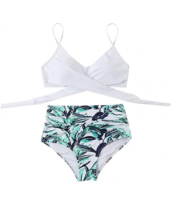 Women Criss Cross Bandage Bikini Set Swimsuits High Waisted Floral Printing Swim Bottoms Two Piece Bathing Suits White - CG19...