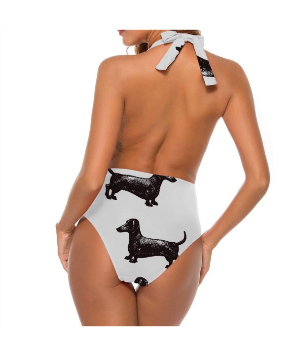 Silhouette of A Dog.of Dachshund.Hand Dr High Waisted Beach Sport Swimsuit L - Color 01 - C1190O2OXKT $29.78-Racing