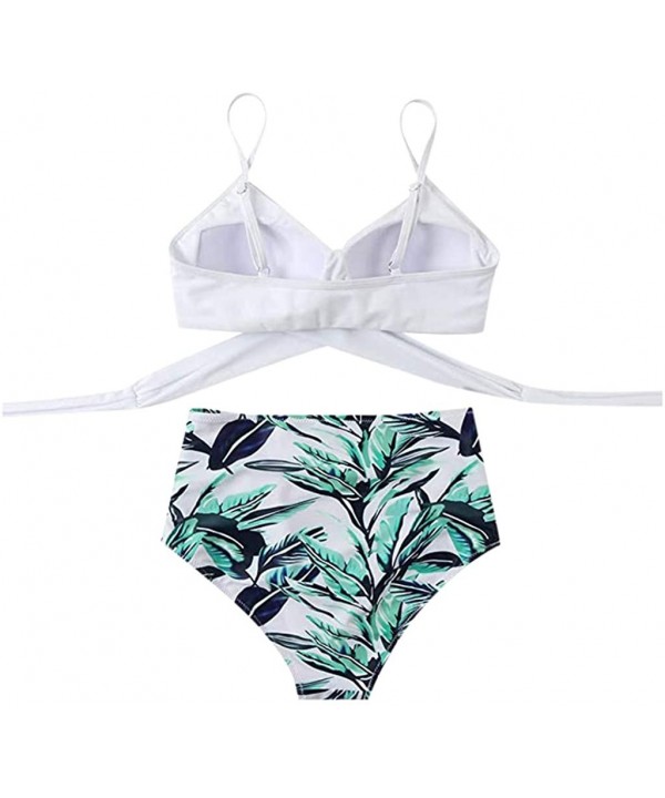 Women Criss Cross Bandage Bikini Set Swimsuits High Waisted Floral Printing Swim Bottoms Two Piece Bathing Suits White - CG19...