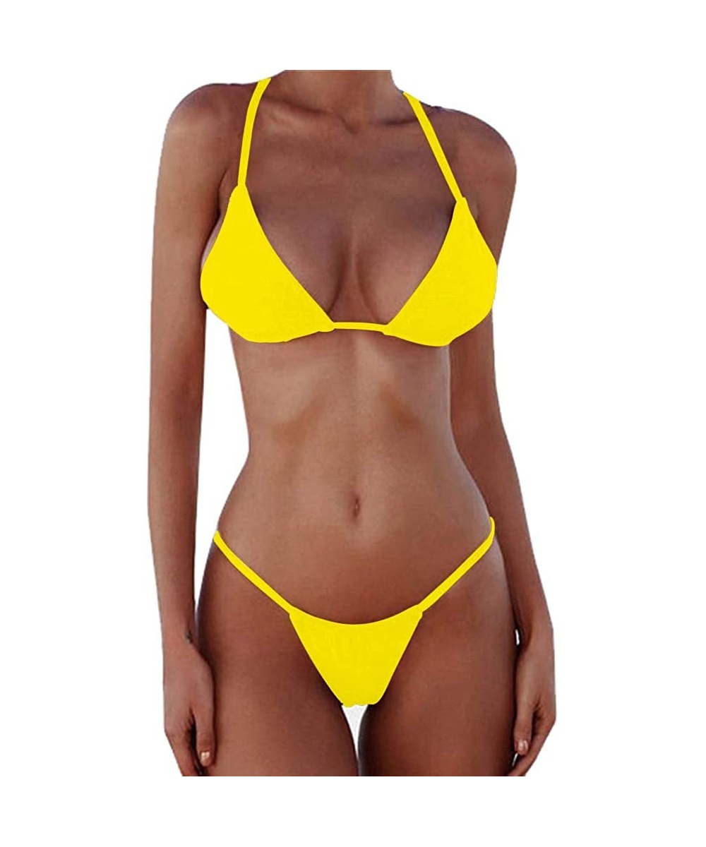 Bikini Set Bandage Solid Brazilian Swimwear Two Pieces Swimsuit Padded Thong Bathing Suits - Bikinis Set Yellow - CZ18LWA37KQ...