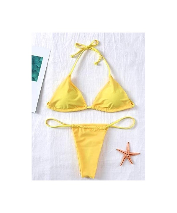 Bikini Set Bandage Solid Brazilian Swimwear Two Pieces Swimsuit Padded Thong Bathing Suits - Bikinis Set Yellow - CZ18LWA37KQ...