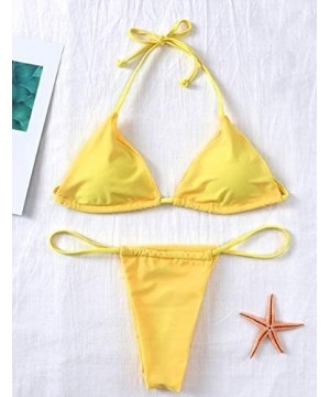 Bikini Set Bandage Solid Brazilian Swimwear Two Pieces Swimsuit Padded Thong Bathing Suits - Bikinis Set Yellow - CZ18LWA37KQ...