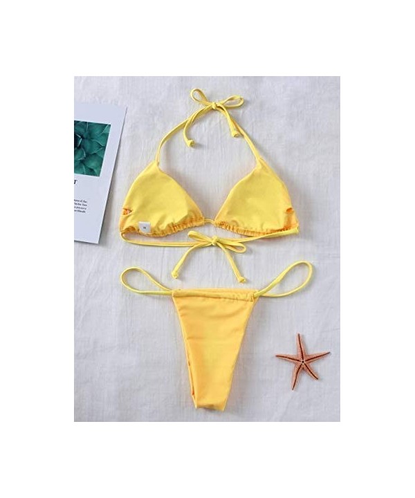 Bikini Set Bandage Solid Brazilian Swimwear Two Pieces Swimsuit Padded Thong Bathing Suits - Bikinis Set Yellow - CZ18LWA37KQ...