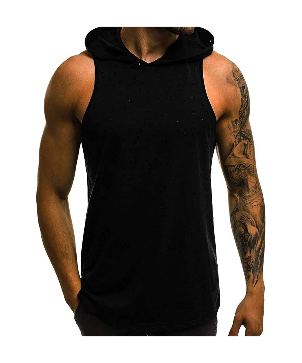 Men's Workout Hooded Tank Tops Bodybuilding Muscle Cut Off T Shirt Sleeveless Gym Hoodies - Black a - CS194EALITD $15.15-Rash...