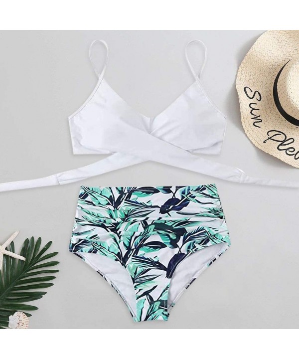 Women Criss Cross Bandage Bikini Set Swimsuits High Waisted Floral Printing Swim Bottoms Two Piece Bathing Suits White - CG19...