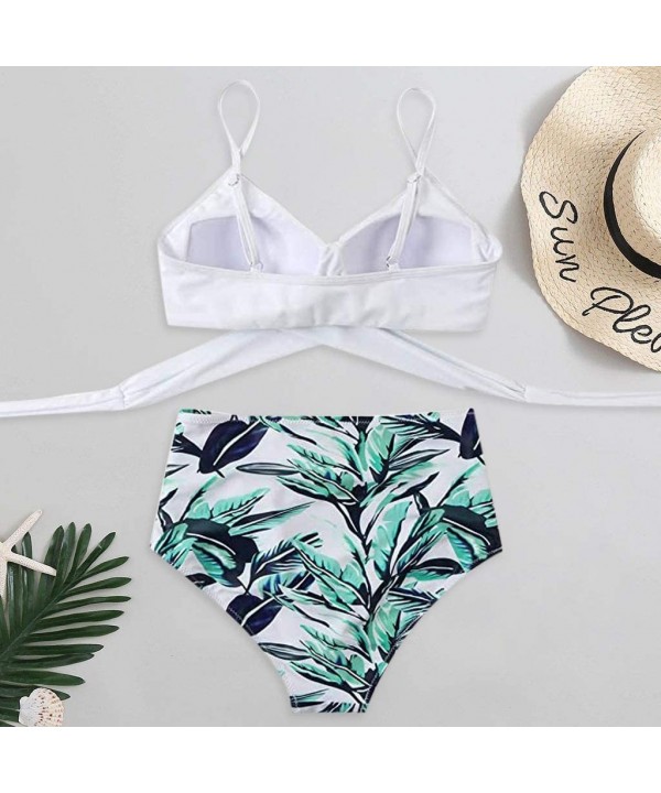 Women Criss Cross Bandage Bikini Set Swimsuits High Waisted Floral Printing Swim Bottoms Two Piece Bathing Suits White - CG19...