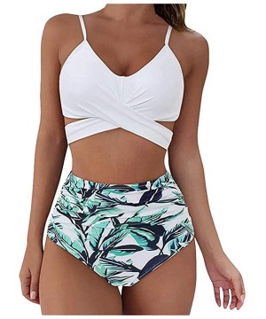 Women Criss Cross Bandage Bikini Set Swimsuits High Waisted Floral Printing Swim Bottoms Two Piece Bathing Suits White - CG19...