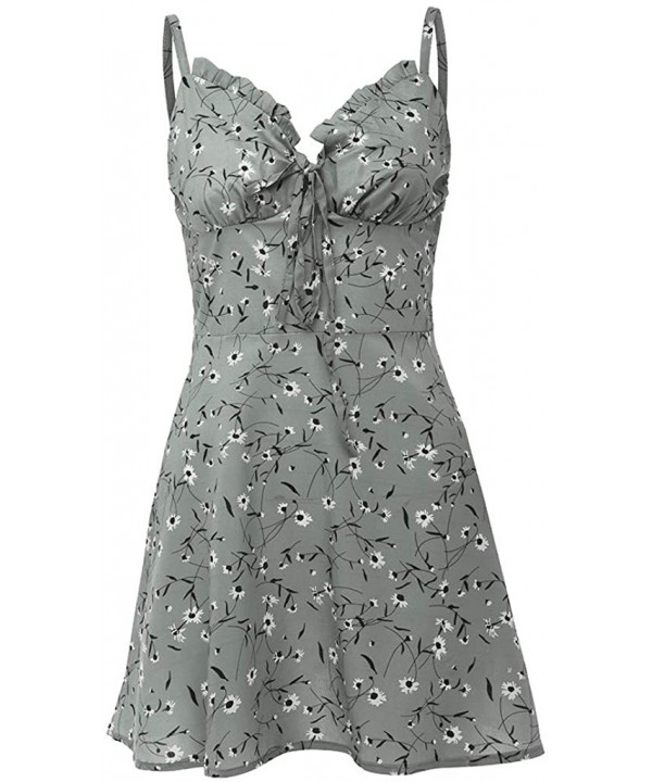 Women's Sleeveless Sweet Floral Print Tunics Flared Dressess- Summer Swing Lace Up Mini Dress for Vocation - Gray - CC190HHE3...