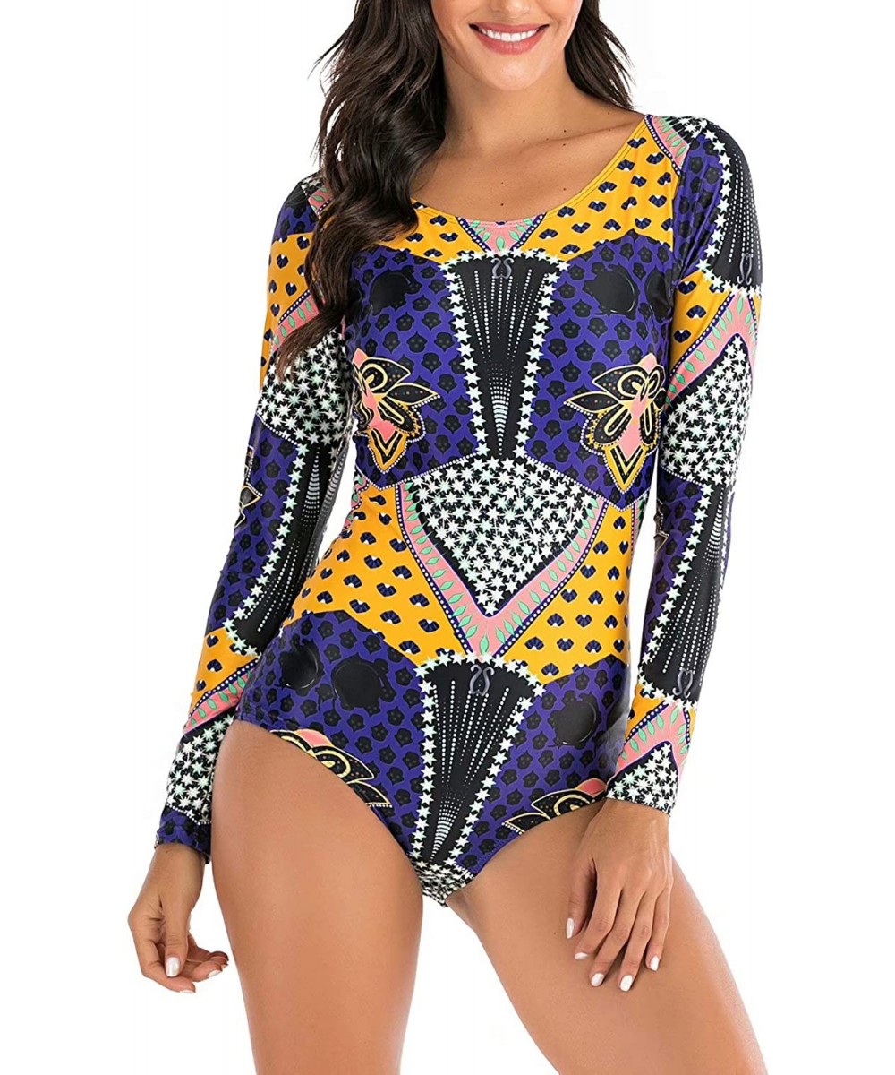 Women's Athletic Swimsuit Long Sleeve Rash Guard Swimming Bathing Suit Swimwear - Purple Yellow Tribal Floral - CV1945XOGU0 $...