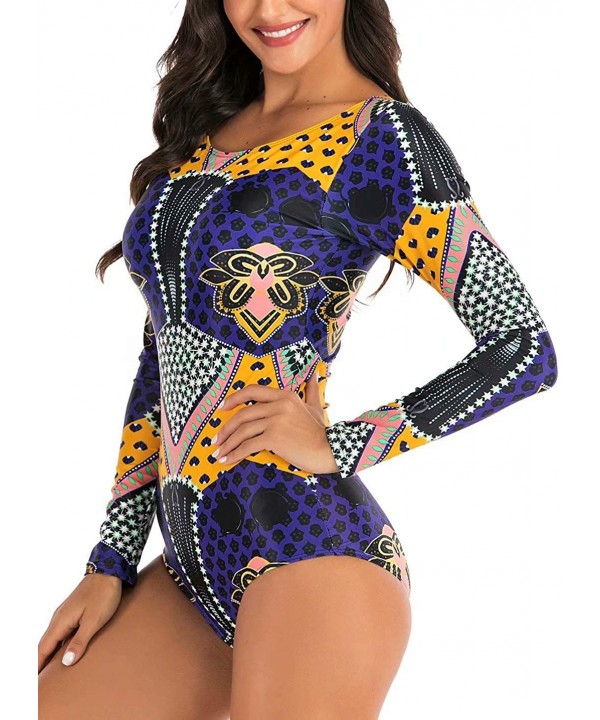 Women's Athletic Swimsuit Long Sleeve Rash Guard Swimming Bathing Suit Swimwear - Purple Yellow Tribal Floral - CV1945XOGU0 $...