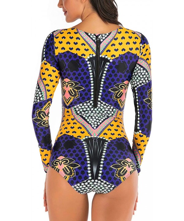 Women's Athletic Swimsuit Long Sleeve Rash Guard Swimming Bathing Suit Swimwear - Purple Yellow Tribal Floral - CV1945XOGU0 $...